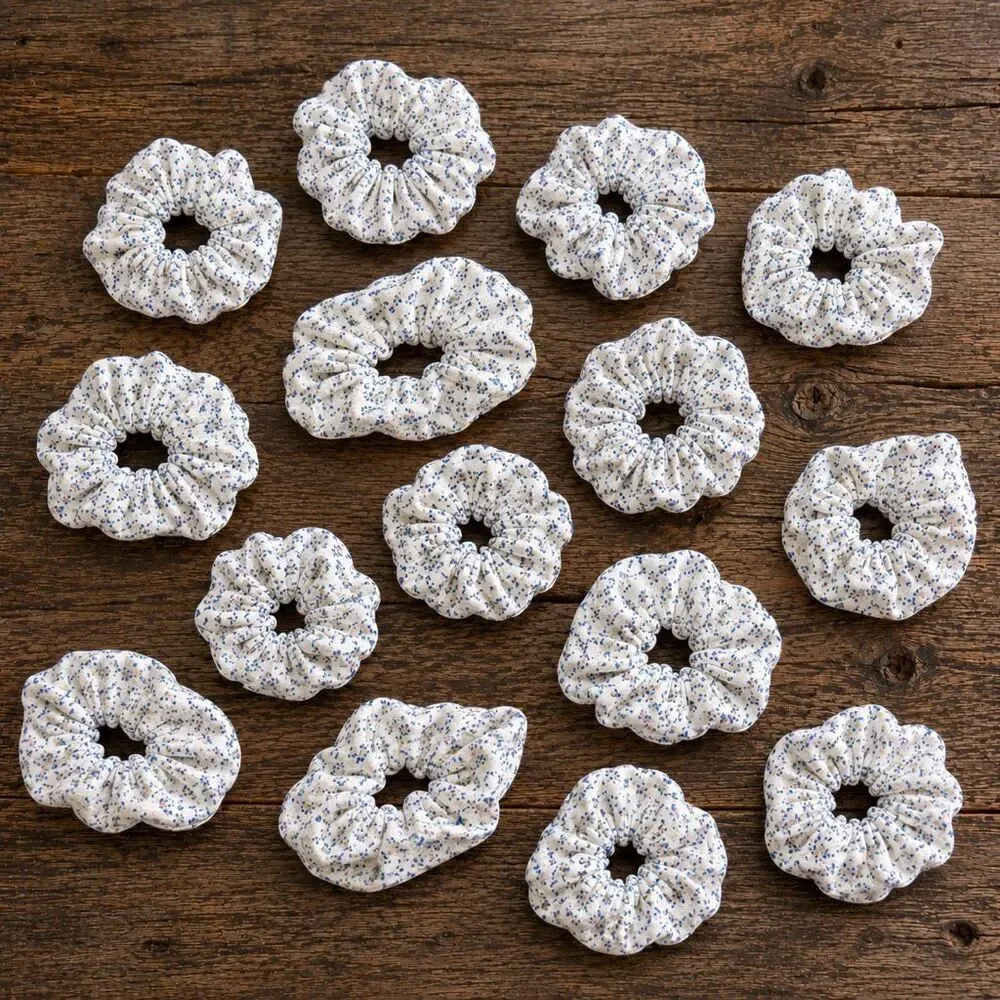 Set Of 15 Soft Floral Fabric Hair Scrunchies - White with Blue Flowers